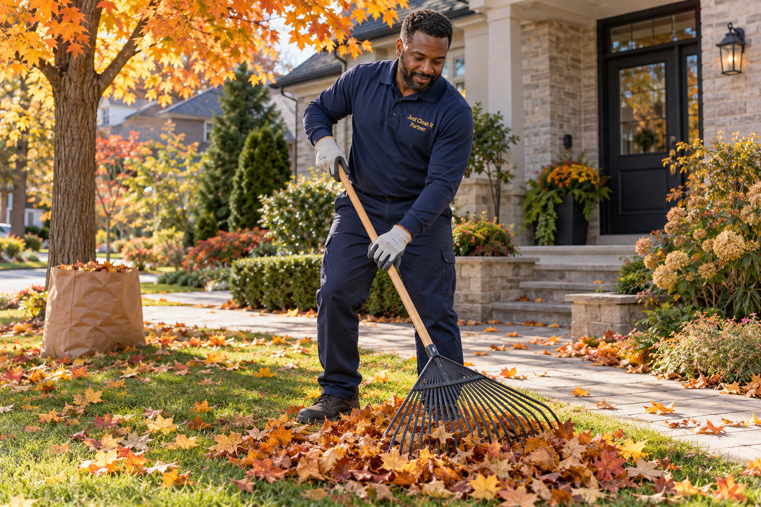 Just Clean It partner gathering autumn leaves beside a home